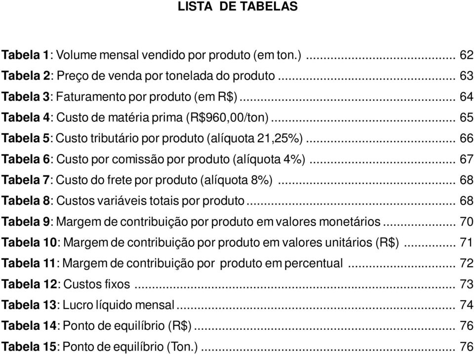 .. 67 Tabela 7: Custo do frete por produto (alíquota 8%)... 68 Tabela 8: Custos variáveis totais por produto... 68 Tabela 9: Margem de contribuição por produto em valores monetários.