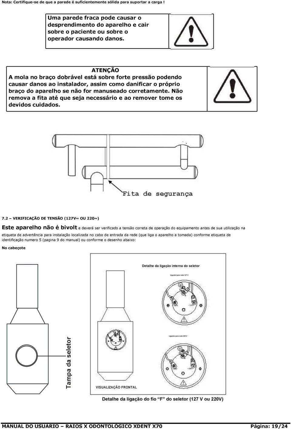 ATENÇÃO A mola no braço dobrável está sobre forte pressão podendo causar danos ao instalador, assim como danificar o próprio braço do aparelho se não for manuseado corretamente.