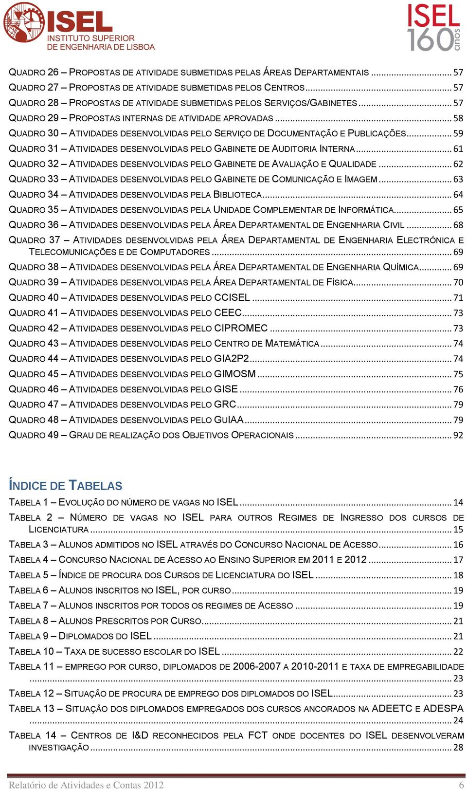 .. 58 QUADRO 30 ATIVIDADES DESENVOLVIDAS PELO SERVIÇO DE DOCUMENTAÇÃO E PUBLICAÇÕES... 59 QUADRO 31 ATIVIDADES DESENVOLVIDAS PELO GABINETE DE AUDITORIA INTERNA.