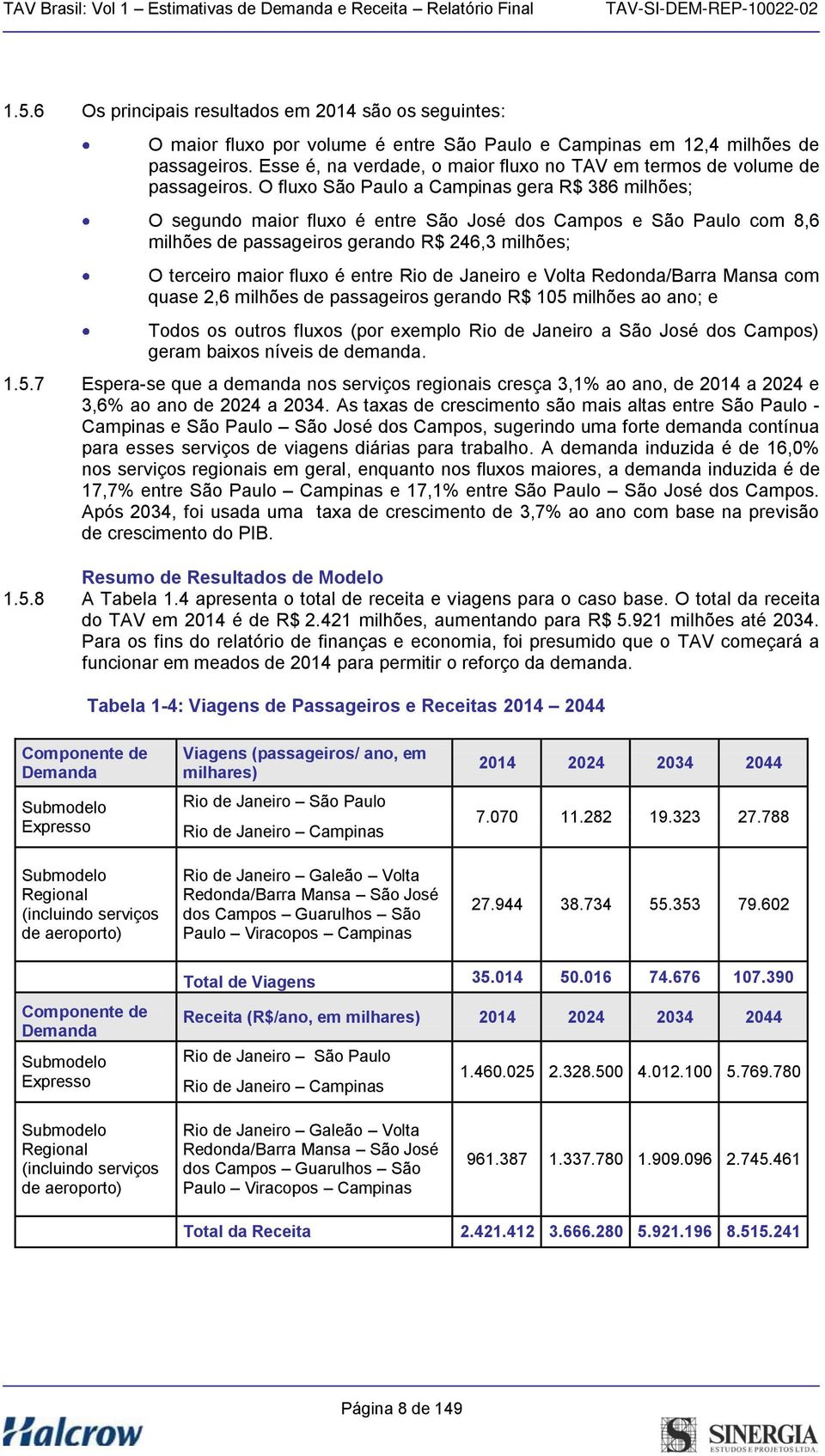 O fluxo São Paulo a Campinas gera R$ 386 milhões; O segundo maior fluxo é entre São José dos Campos e São Paulo com 8,6 milhões de passageiros gerando R$ 246,3 milhões; O terceiro maior fluxo é entre