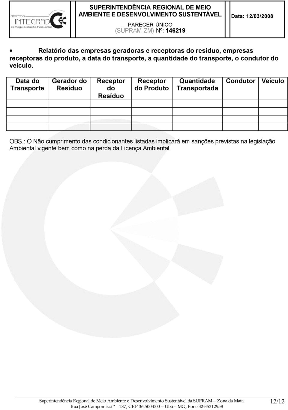 Data do Transporte Gerador do Resíduo Receptor do Resíduo Receptor do Produto Quantidade Transportada Condutor