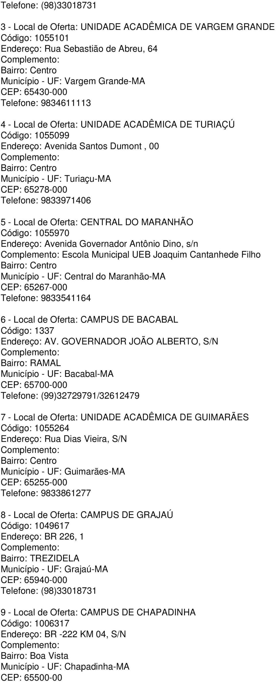 9833971406 5 - Local de Oferta: CENTRAL DO MARANHÃO Código: 1055970 Endereço: Avenida Governador Antônio Dino, s/n Escola Municipal UEB Joaquim Cantanhede Filho Bairro: Centro Município - UF: Central