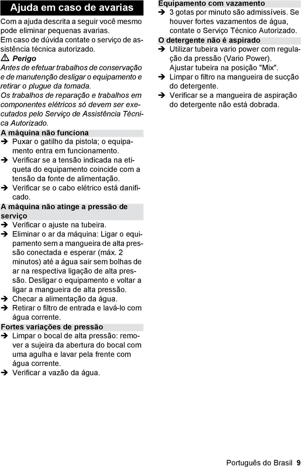 Os trabalhos de reparação e trabalhos em componentes elétricos só devem ser executados pelo Serviço de Assistência Técnica Autorizado.