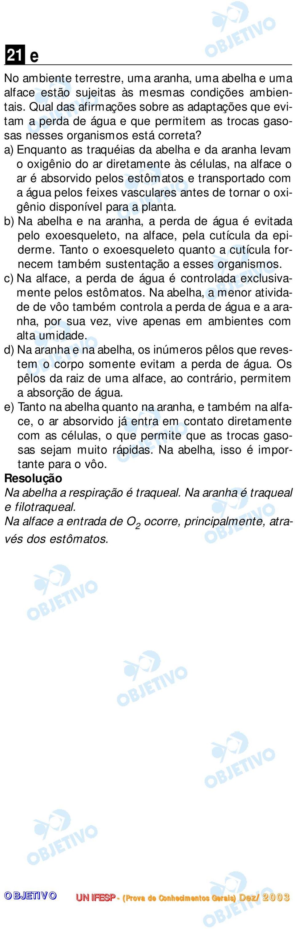 a) Enquanto as traquéias da abelha e da aranha levam o oxigênio do ar diretamente às células, na alface o ar é absorvido pelos estômatos e transportado com a água pelos feixes vasculares antes de