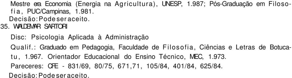 WALDEMAR SARTORI Disc: Psicologia Aplicada à Administração Qualif.