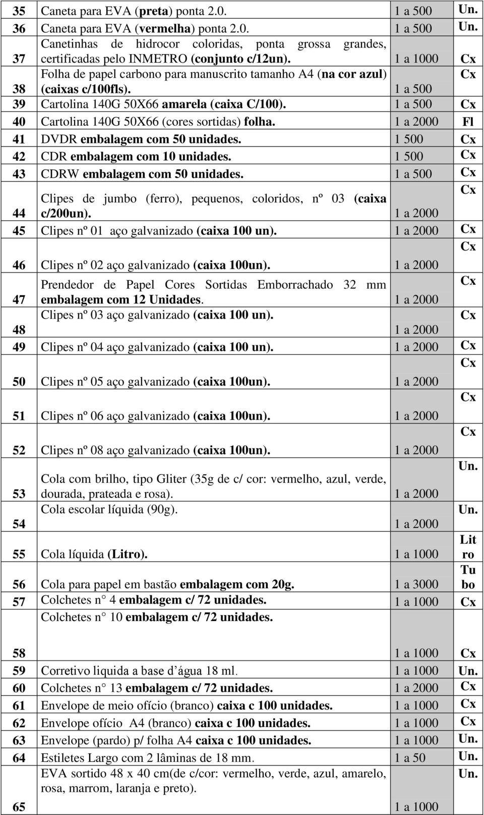 1 a 500 40 Cartolina 140G 50X66 (cores sortidas) folha. 1 a 2000 Fl 41 DVDR embalagem com 50 unidades. 1 500 42 CDR embalagem com 10 unidades. 1 500 43 CDRW embalagem com 50 unidades.