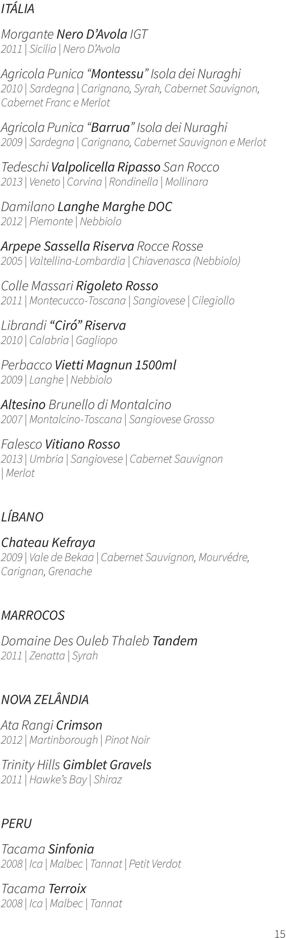 Nebbiolo Arpepe Sassella Riserva Rocce Rosse 2005 Valtellina-Lombardia Chiavenasca (Nebbiolo) Colle Massari Rigoleto Rosso 2011 Montecucco-Toscana Sangiovese Cilegiollo Librandi Ciró Riserva 2010