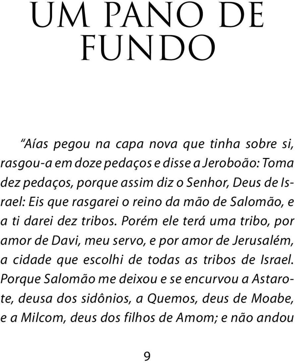 Porém ele terá uma tribo, por amor de Davi, meu servo, e por amor de Jerusalém, a cidade que escolhi de todas as tribos de