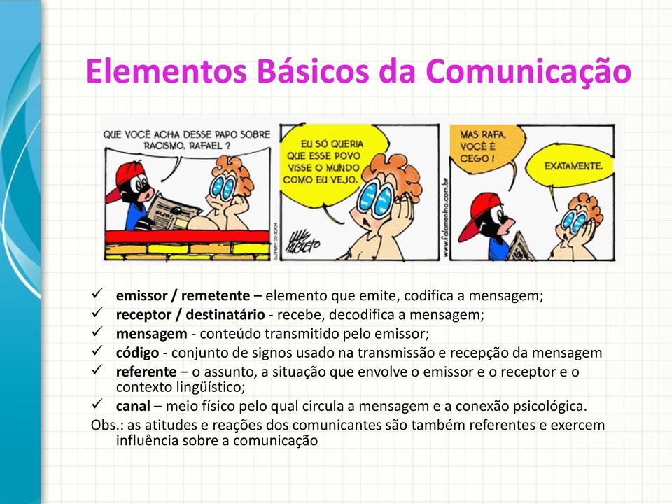 mensagem referente o assunto, a situação que envolve o emissor e o receptor e o contexto lingüístico; canal meio físico pelo qual