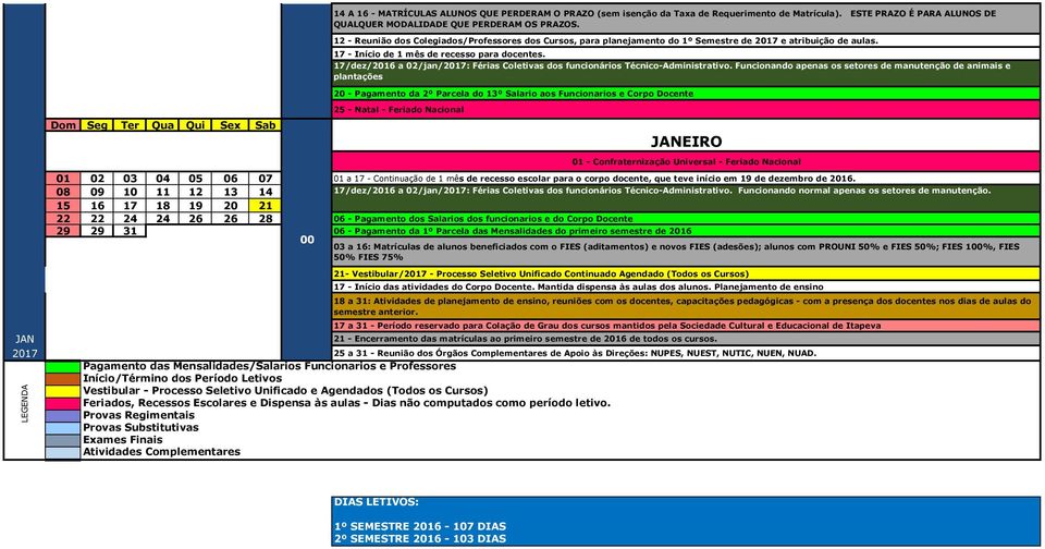 17/dez/2016 a 02/jan/2017: Férias Coletivas dos funcionários Técnico-Administrativo.