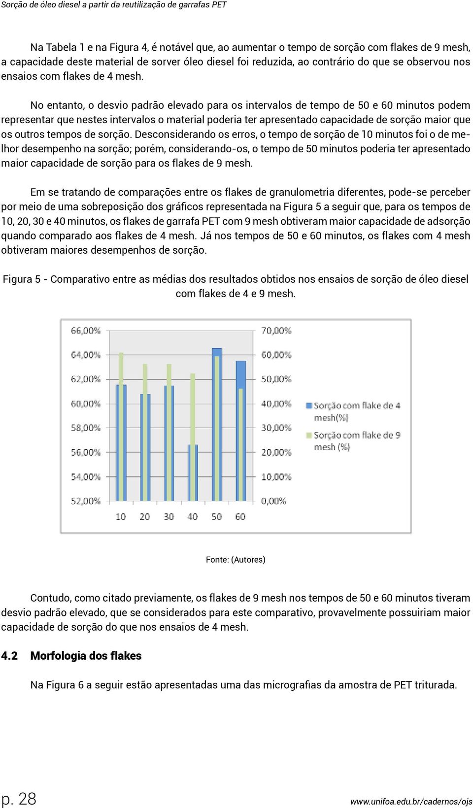 No entanto, o desvio padrão elevado para os intervalos de tempo de 50 e 60 minutos podem representar que nestes intervalos o material poderia ter apresentado capacidade de sorção maior que os outros