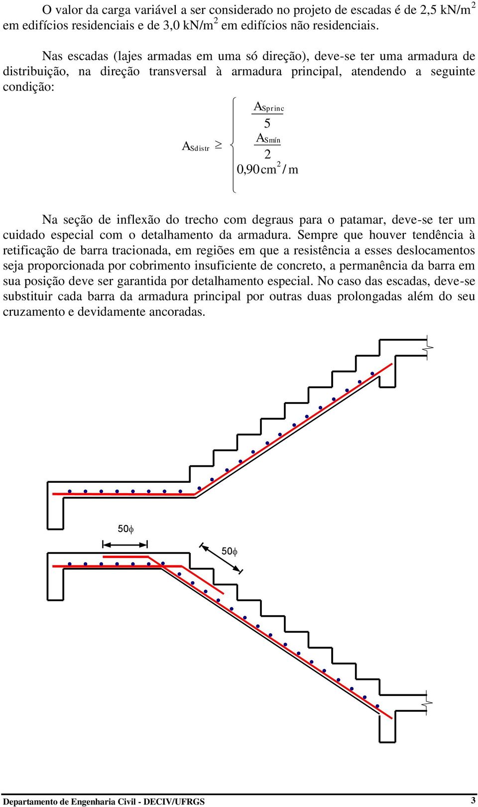 Na seção de inflexão do trecho com degraus para o patamar, deve-se ter um cuidado especial com o detalhamento da armadura.