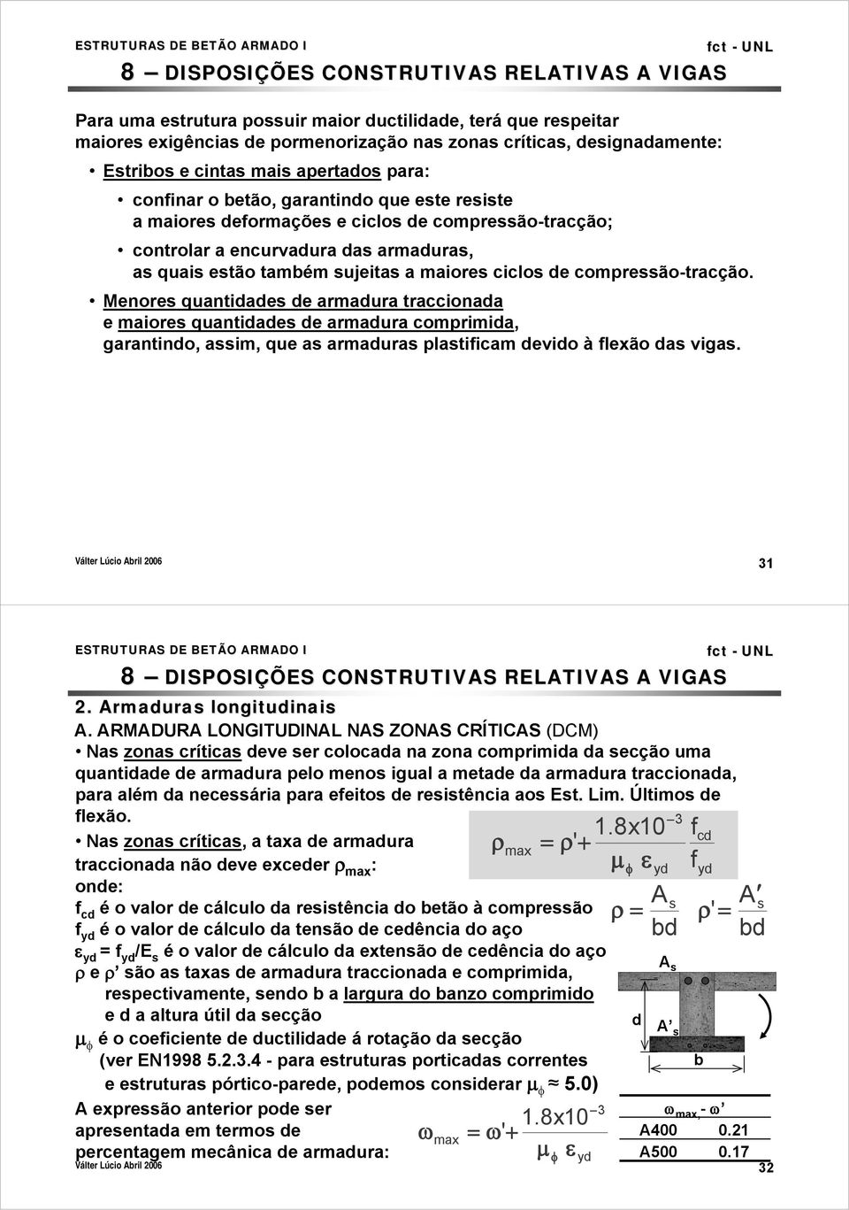 Menores quantidades de armadura traccionada e maiores quantidades de armadura comprimida, garantindo, assim, que as armaduras plastificam devido à flexão das vigas. Válter Lúcio Abril 2006 31 2.