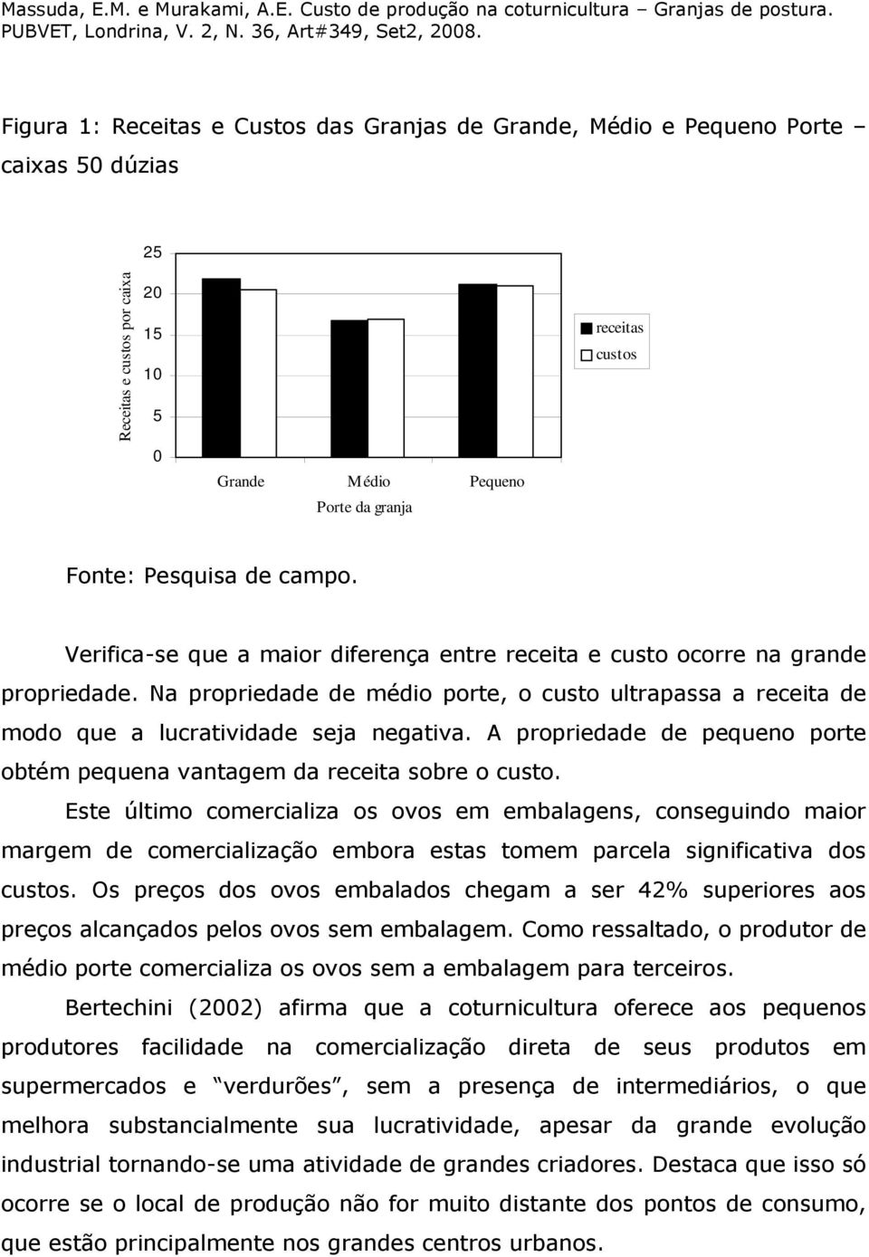 Na propriedade de médio porte, o custo ultrapassa a receita de modo que a lucratividade seja negativa. A propriedade de pequeno porte obtém pequena vantagem da receita sobre o custo.