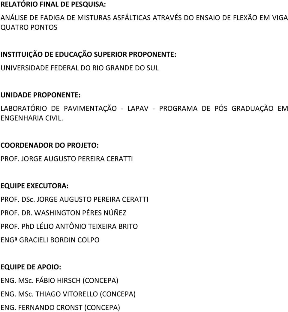 COORDENADOR DO PROJETO: PROF. JORGE AUGUSTO PEREIRA CERATTI EQUIPE EXECUTORA: PROF. DSc. JORGE AUGUSTO PEREIRA CERATTI PROF. DR. WASHINGTON PÉRES NÚÑEZ PROF.