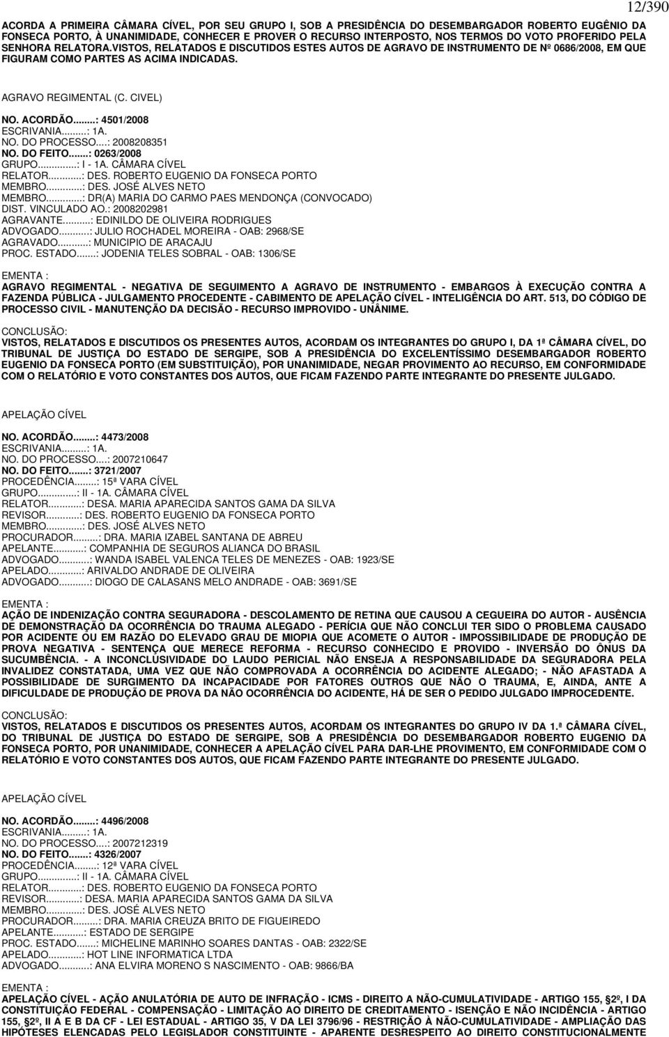 CIVEL) NO. ACORDÃO...: 4501/2008 ESCRIVANIA...: 1A. NO. DO PROCESSO...: 2008208351 NO. DO FEITO...: 0263/2008 GRUPO...: I - 1A. CÂMARA CÍVEL RELATOR...: DES. ROBERTO EUGENIO DA FONSECA PORTO MEMBRO.