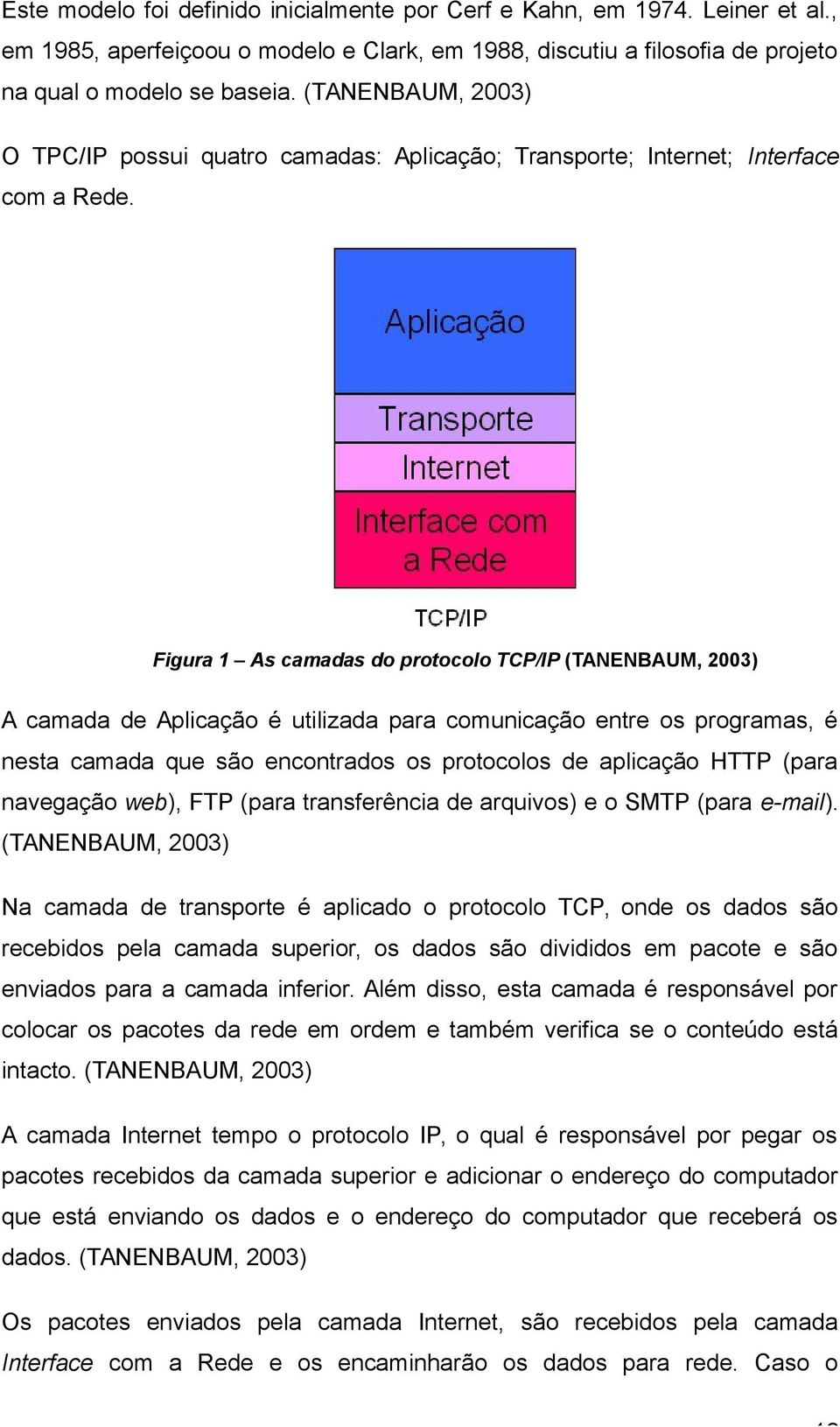 Figura 1 As camadas do protocolo TCP/IP (TANENBAUM, 2003) A camada de Aplicação é utilizada para comunicação entre os programas, é nesta camada que são encontrados os protocolos de aplicação HTTP