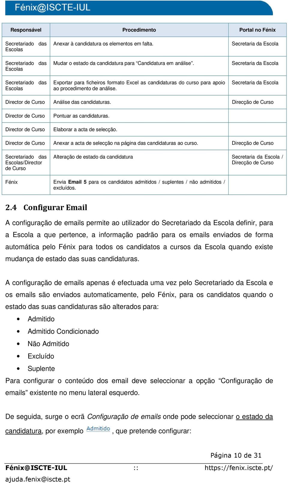 Exportar para ficheiros formato Excel as candidaturas do curso para apoio ao procedimento de análise. Secretaria da Escola Secretaria da Escola Director de Curso Análise das candidaturas.