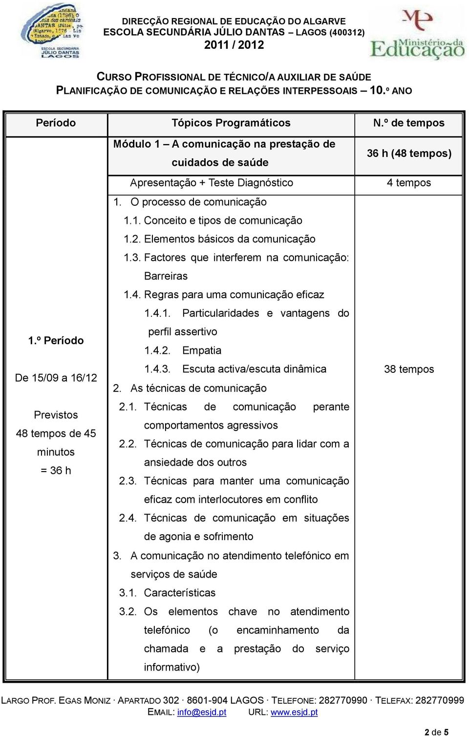 º Período De 15/09 a 16/12 48 tempos de 45 = 36 h perfil assertivo 1.4.2. Empatia 1.4.3. Escuta activa/escuta dinâmica 38 tempos 2. As técnicas de comunicação 2.1. Técnicas de comunicação perante comportamentos agressivos 2.