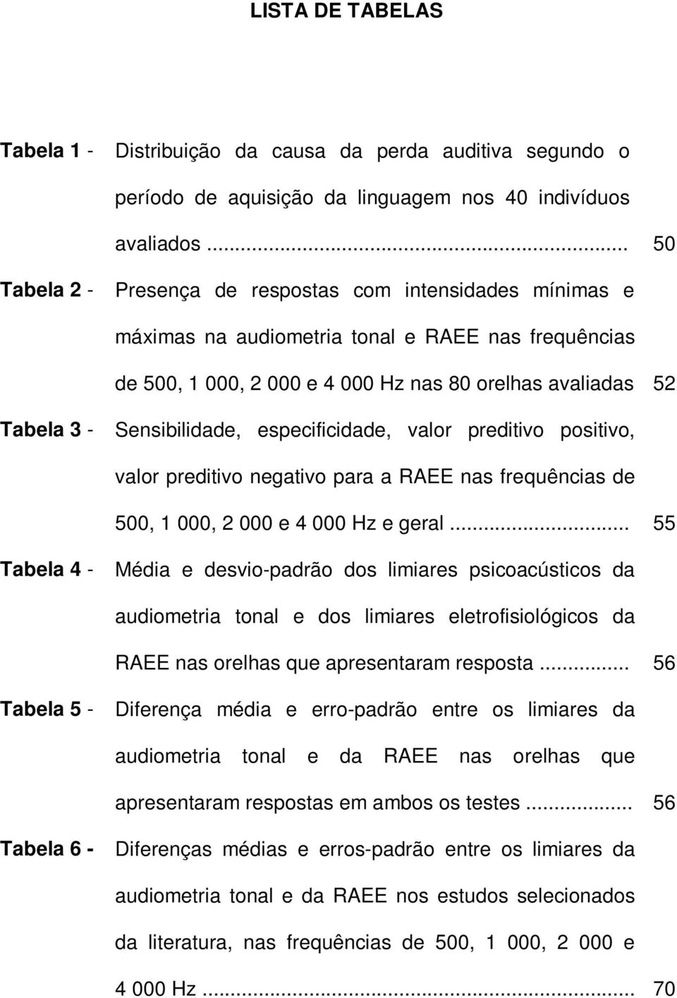 Sensibilidade, especificidade, valor preditivo positivo, valor preditivo negativo para a RAEE nas frequências de 500, 1 000, 2 000 e 4 000 Hz e geral.