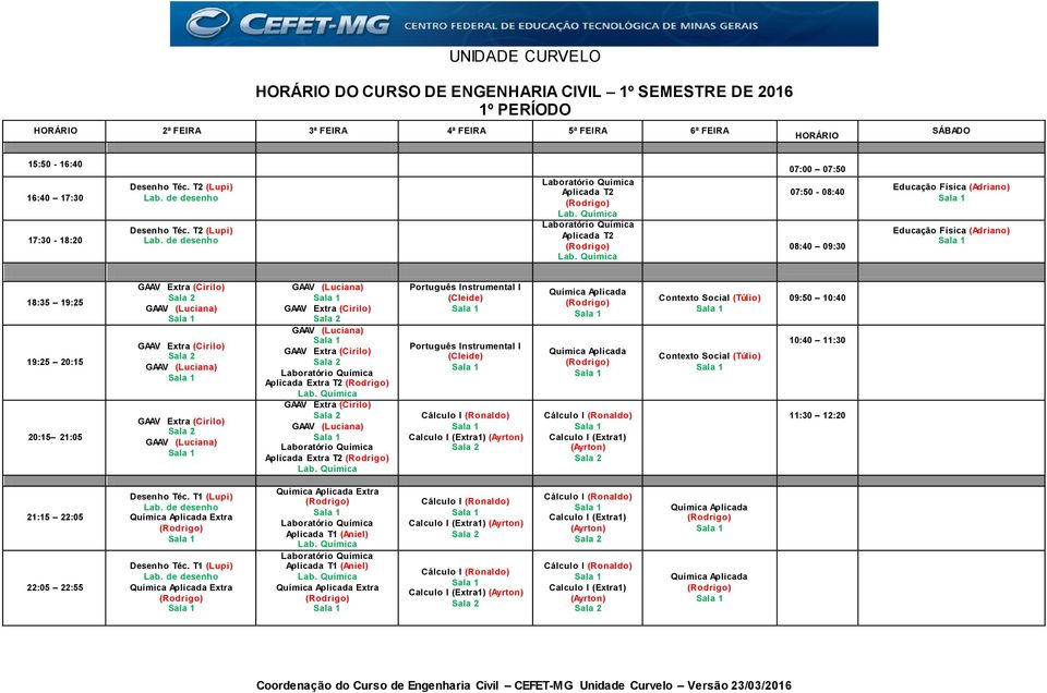 (Cleide) Calculo I (Extra1) (Ayrton) Química Aplicada Química Aplicada Calculo I (Extra1) (Ayrton) Contexto Social (Túlio) Contexto Social (Túlio) 09:50 10:40 Desenho Téc.