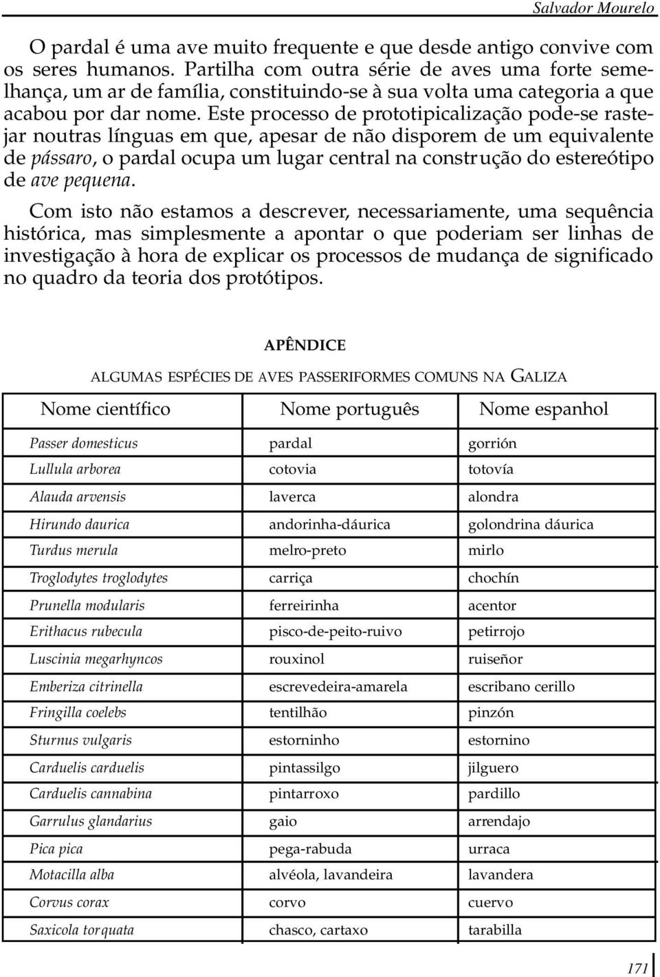 Este processo de prototipicalização pode-se rastejar noutras línguas em que, apesar de não disporem de um equivalente de pássaro, o pardal ocupa um lugar central na construção do estereótipo de ave