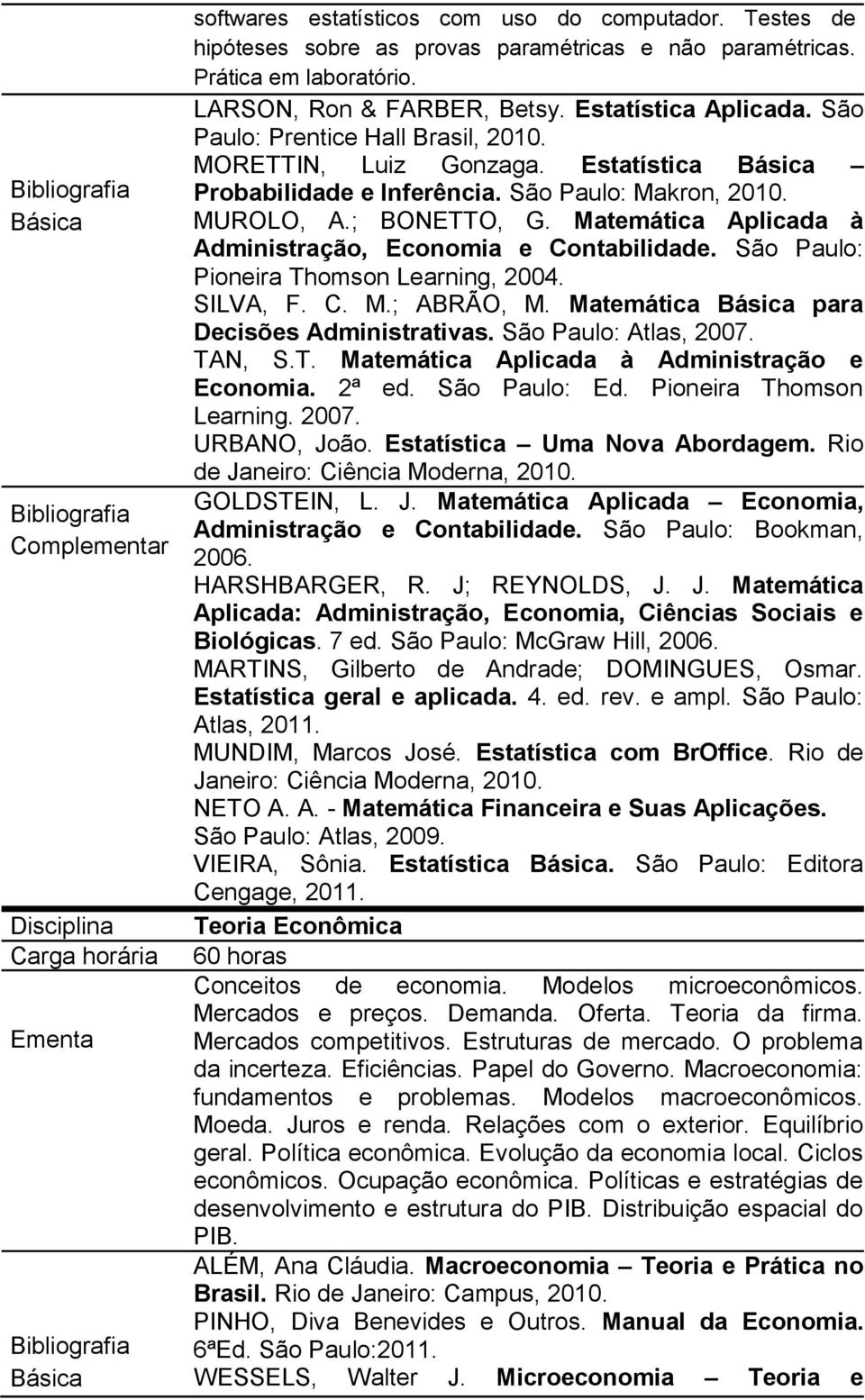 Matemática Aplicada à Administração, Economia e Contabilidade. São Paulo: Pioneira Thomson Learning, 2004. SILVA, F. C. M.; ABRÃO, M. Matemática para Decisões Administrativas. São Paulo: Atlas, 2007.