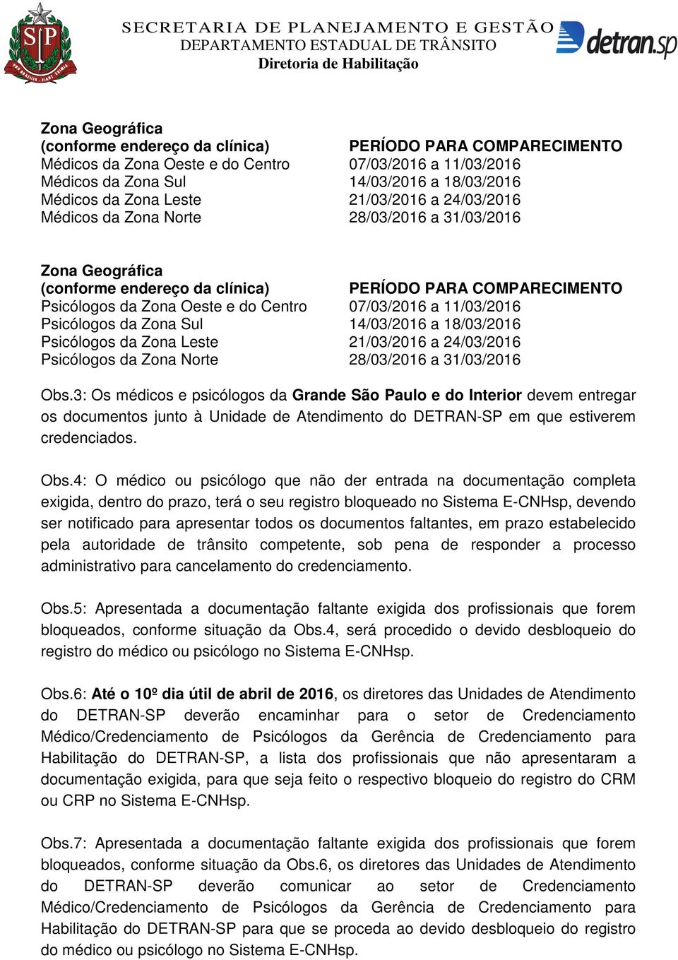 11/03/2016 Psicólogos da Zona Sul 14/03/2016 a 18/03/2016 Psicólogos da Zona Leste 21/03/2016 a 24/03/2016 Psicólogos da Zona Norte 28/03/2016 a 31/03/2016 Obs.