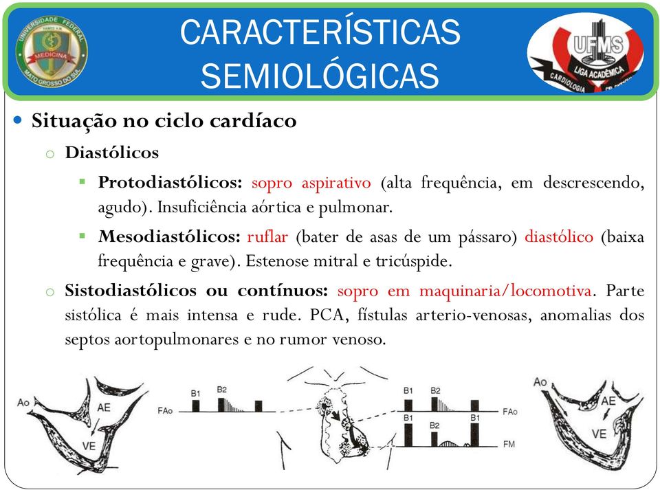 Mesodiastólicos: ruflar (bater de asas de um pássaro) diastólico (baixa frequência e grave). Estenose mitral e tricúspide.