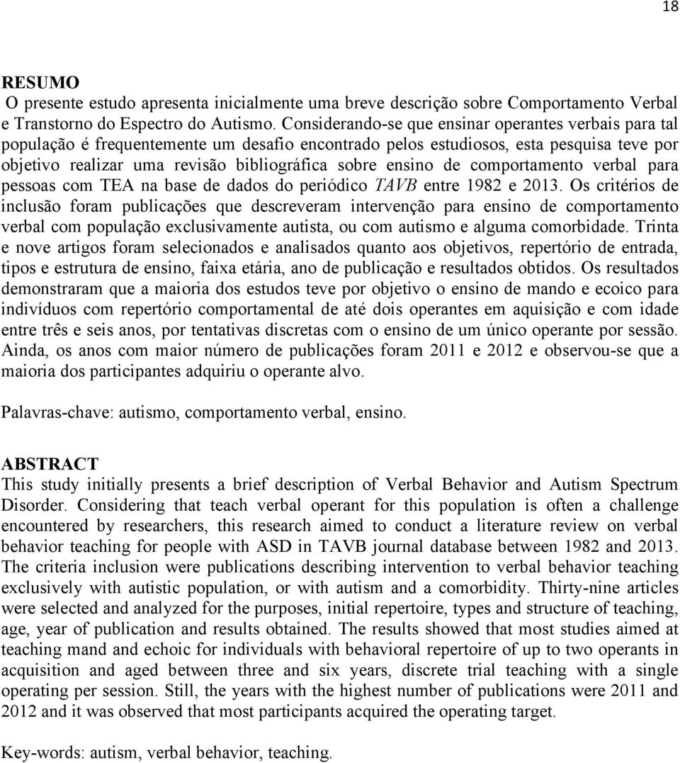 ensino de comportamento verbal para pessoas com TEA na base de dados do periódico TAVB entre 1982 e 2013.
