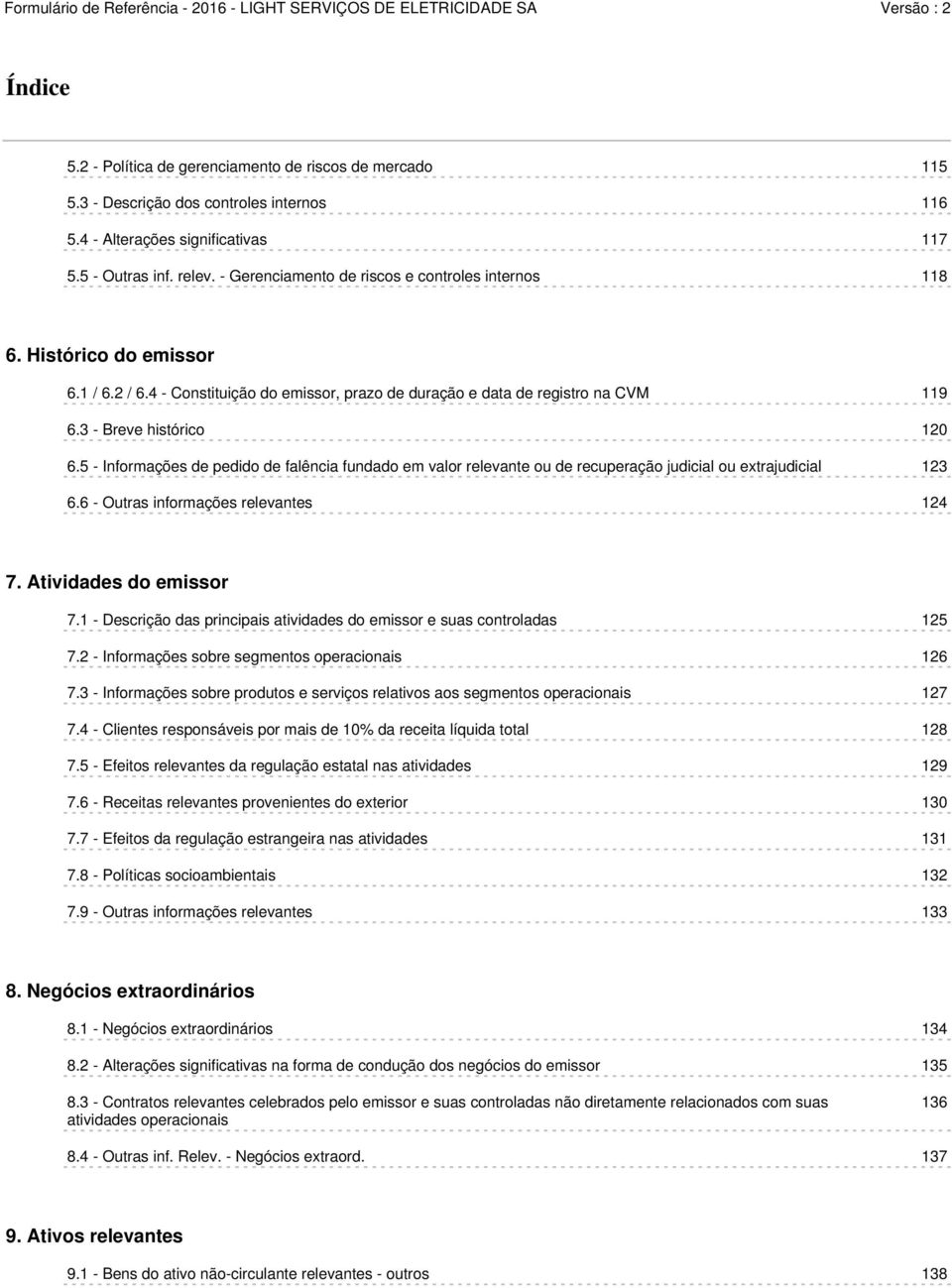 5 - Informações de pedido de falência fundado em valor relevante ou de recuperação judicial ou extrajudicial 123 6.6 - Outras informações relevantes 124 7. Atividades do emissor 7.