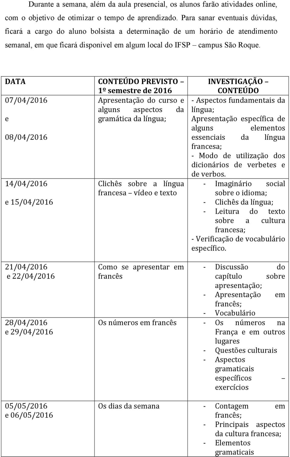 DATA CONTEÚDO PREVISTO 1º semestre de 2016 07/04/2016 Apresentação do curso e alguns aspectos da e gramática da língua; 08/04/2016 14/04/2016 e 15/04/2016 Clichês sobre a língua francesa vídeo e