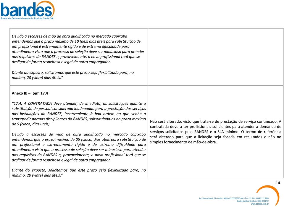 legal de outro empregador. Diante do exposto, solicitamos que este prazo seja flexibilizado para, no mínimo, 20 (vinte) dias úteis. Anexo IB Item 17.4 