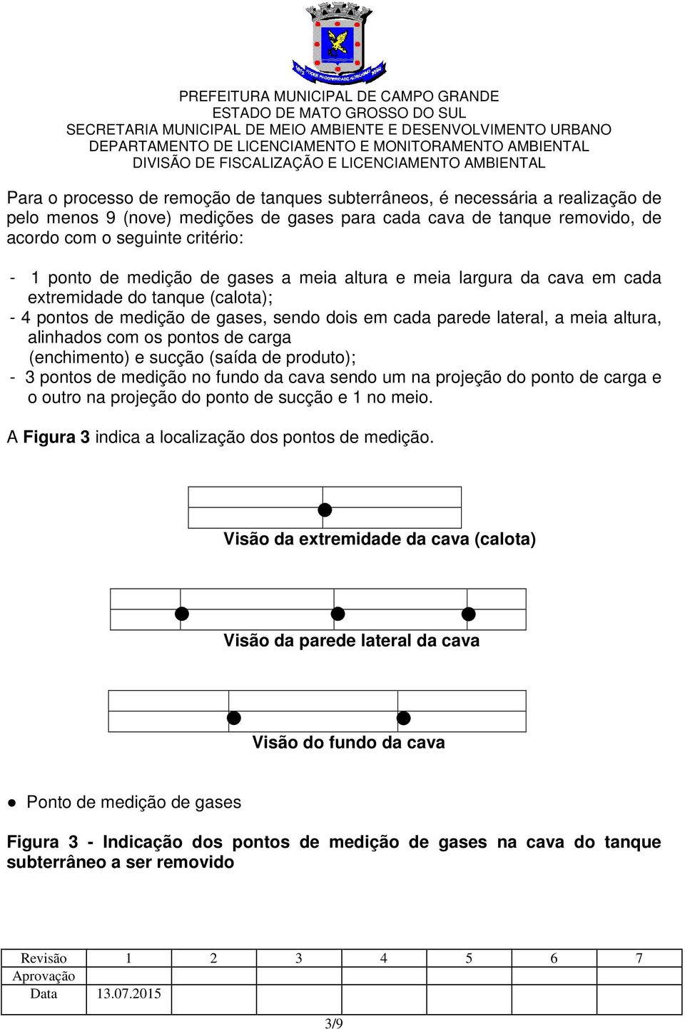 pontos de carga (enchimento) e sucção (saída de produto); - 3 pontos de medição no fundo da cava sendo um na projeção do ponto de carga e o outro na projeção do ponto de sucção e 1 no meio.