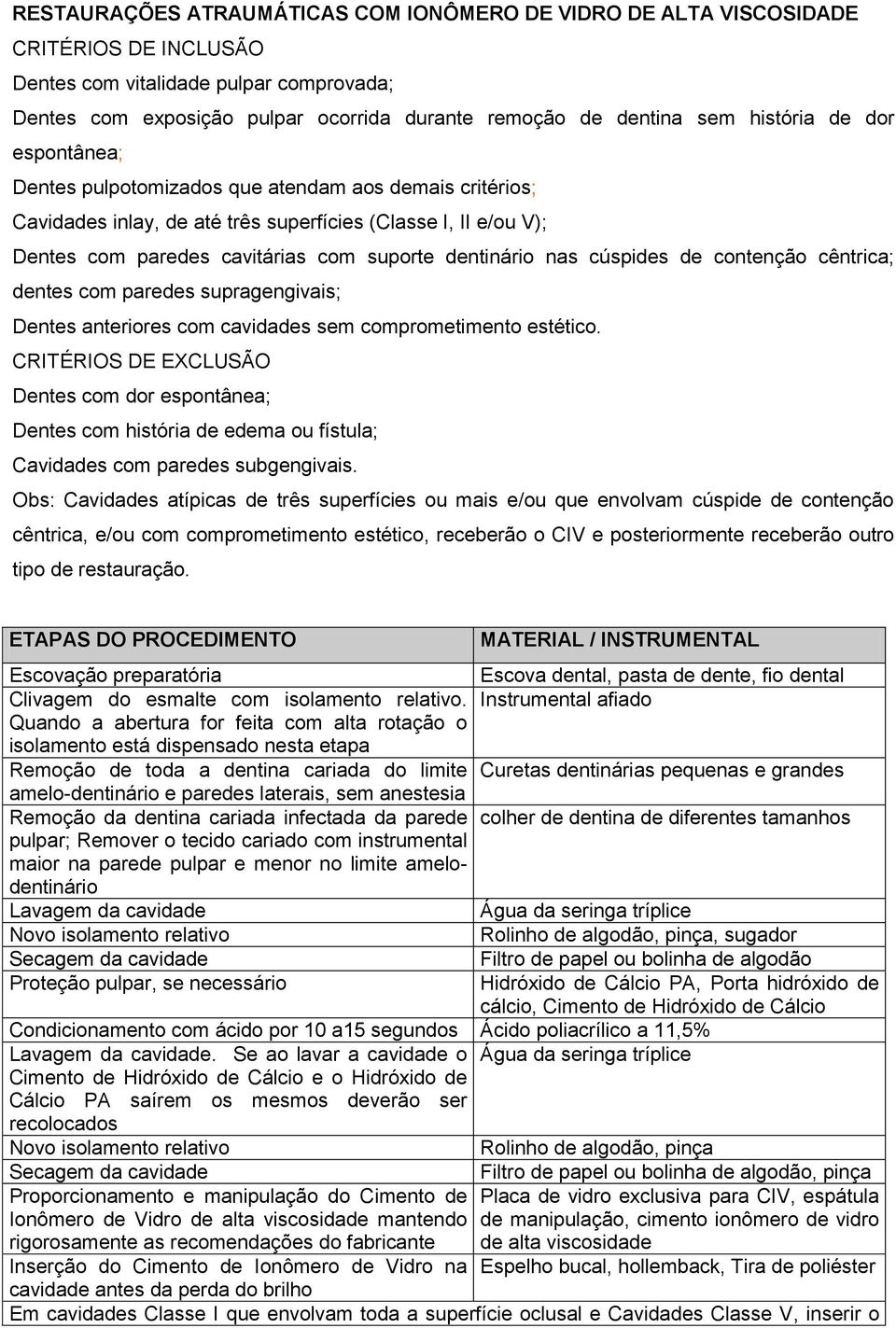 dentinário nas cúspides de contenção cêntrica; dentes com paredes supragengivais; Dentes anteriores com cavidades sem comprometimento estético.