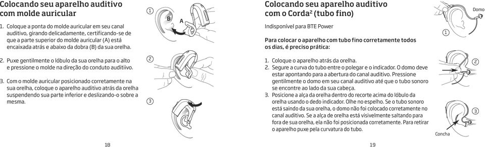 orelha. 1 B A Colocando seu aparelho auditivo com o Corda 2 (tubo fino) Indisponível para BTE Power Para colocar o aparelho com tubo fino corretamente todos os dias, é preciso prática: 1 Domo 2.