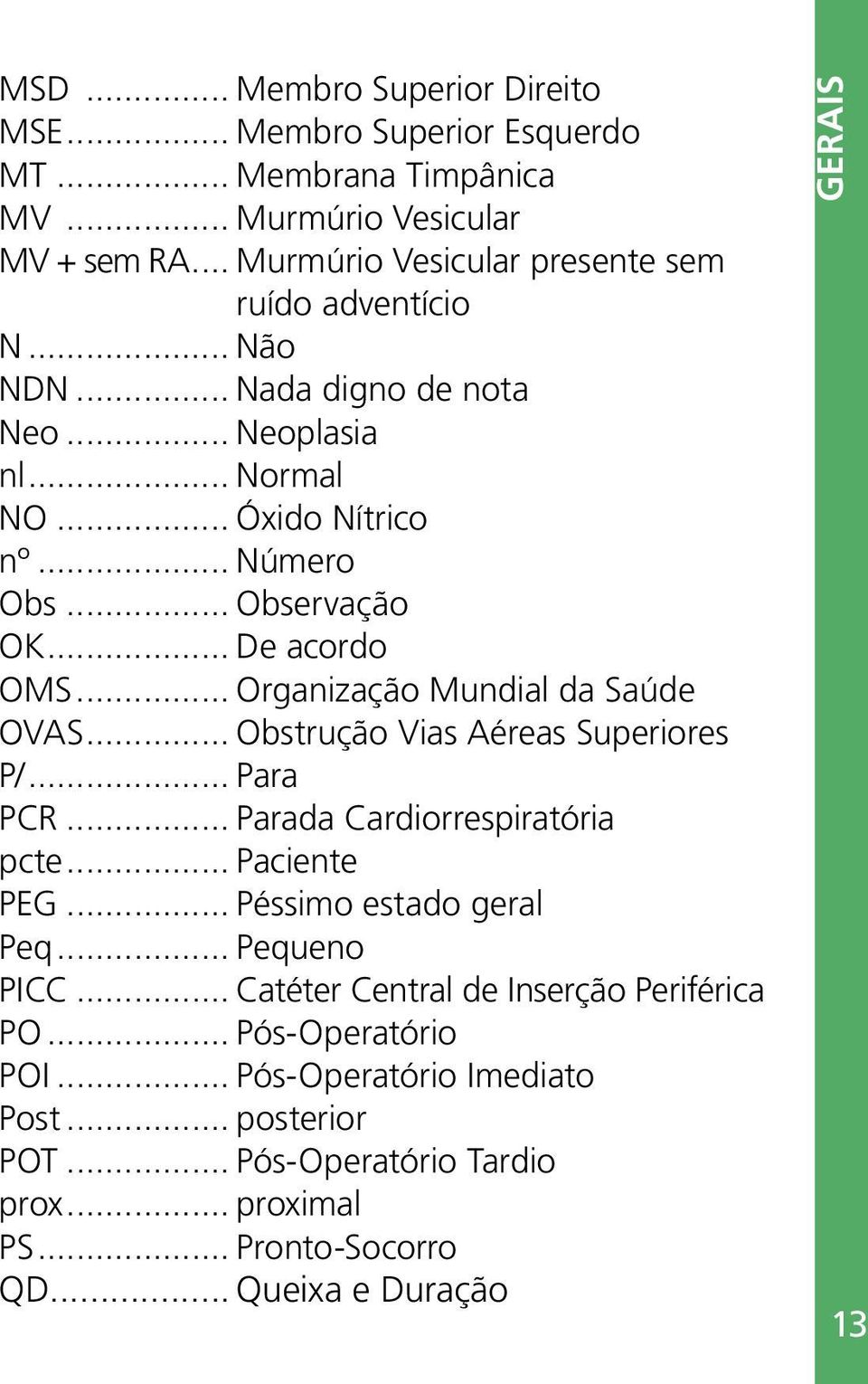 .. Organização Mundial da Saúde OVAS... Obstrução Vias Aéreas Superiores P/... Para PCR... Parada Cardiorrespiratória pcte... Paciente PEG... Péssimo estado geral Peq.