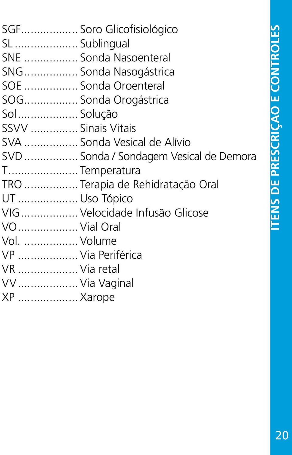 .. Sonda / Sondagem Vesical de Demora T... Temperatura TRO... Terapia de Rehidratação Oral UT... Uso Tópico VIG.