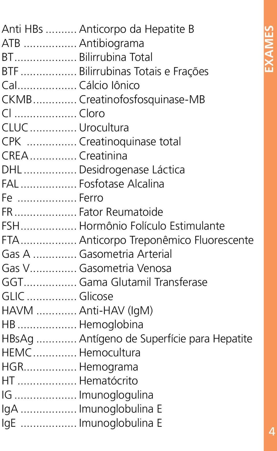 .. Hormônio Folículo Estimulante FTA... Anticorpo Treponêmico Fluorescente Gas A... Gasometria Arterial Gas V... Gasometria Venosa GGT... Gama Glutamil Transferase GLIC... Glicose HAVM.