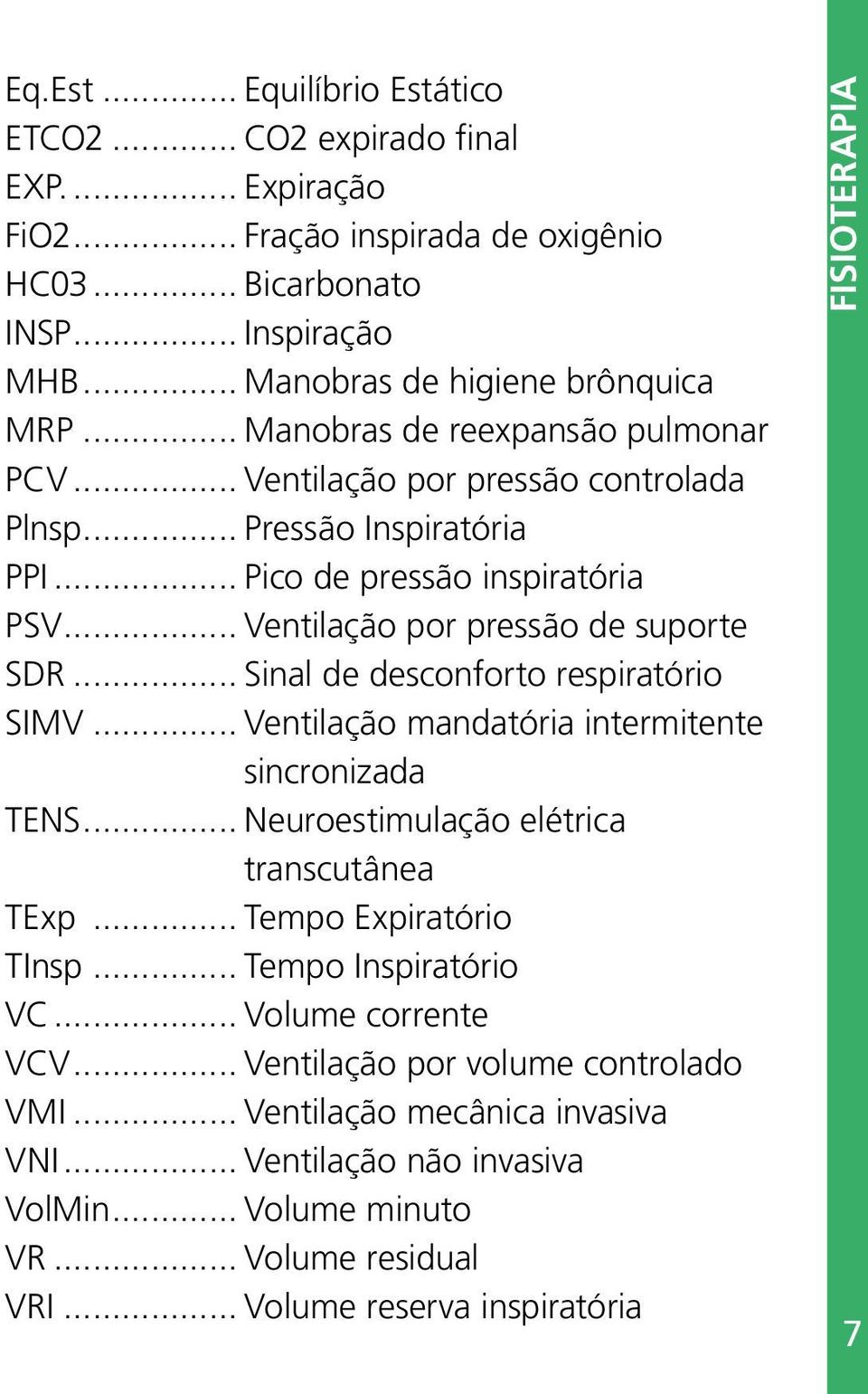 .. Sinal de desconforto respiratório SIMV... Ventilação mandatória intermitente... sincronizada TENS... Neuroestimulação elétrica... transcutânea TExp... Tempo Expiratório TInsp.