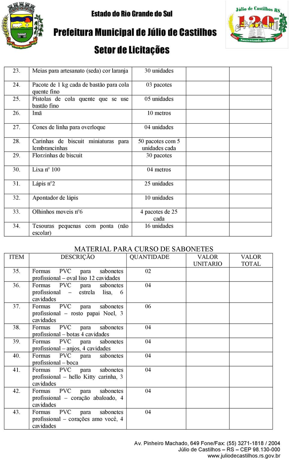 Lixa nº 100 metros 31. Lápis nº2 25 unidades 32. Apontador de lápis 10 unidades 33. Olhinhos moveis nº6 4 pacotes de 25 cada 34.