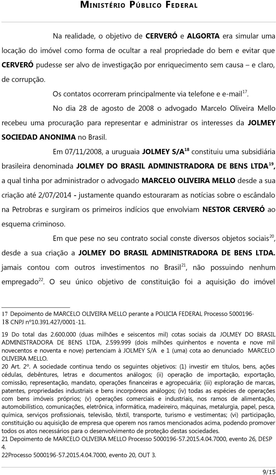 No dia 28 de agosto de 2008 o advogado Marcelo Oliveira Mello recebeu uma procuração para representar e administrar os interesses da JOLMEY SOCIEDAD ANONIMA no Brasil.
