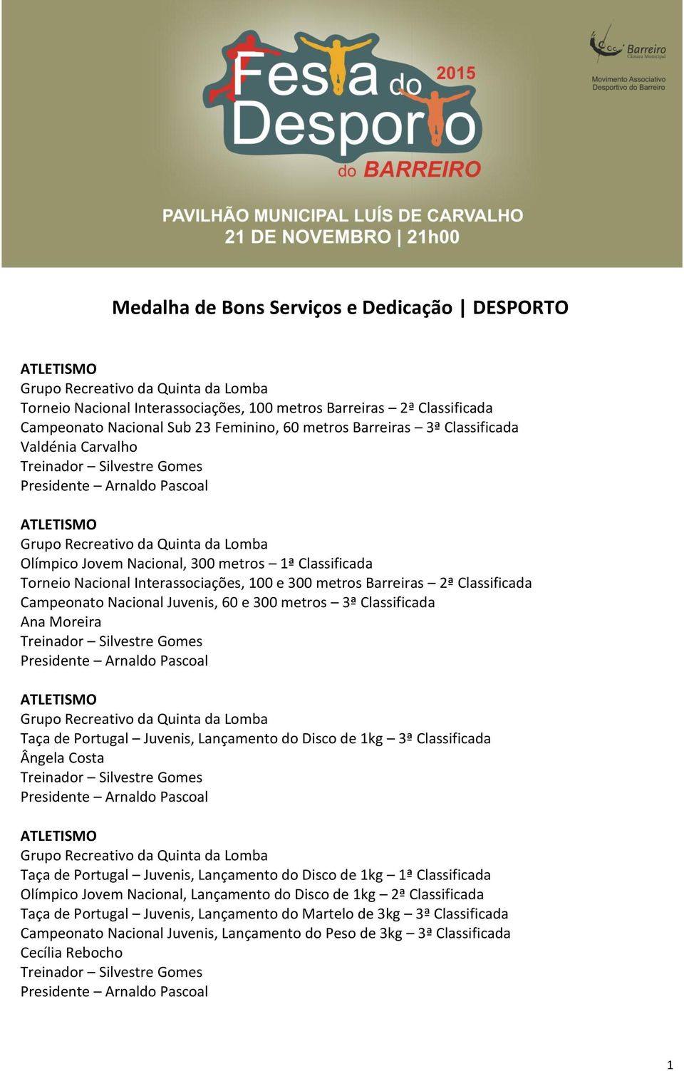 1ª Classificada Torneio Nacional Interassociações, 100 e 300 metros Barreiras 2ª Classificada Campeonato Nacional Juvenis, 60 e 300 metros 3ª Classificada Ana Moreira Treinador Silvestre Gomes