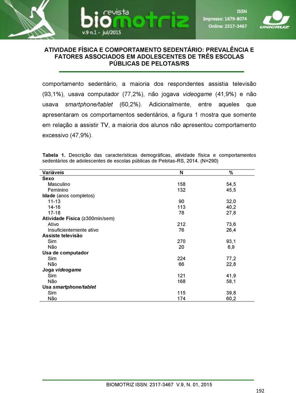 (47,9%). Tabela 1. Descrição das características demográficas, atividade física e comportamentos sedentários de adolescentes de escolas públicas de Pelotas-RS, 2014.