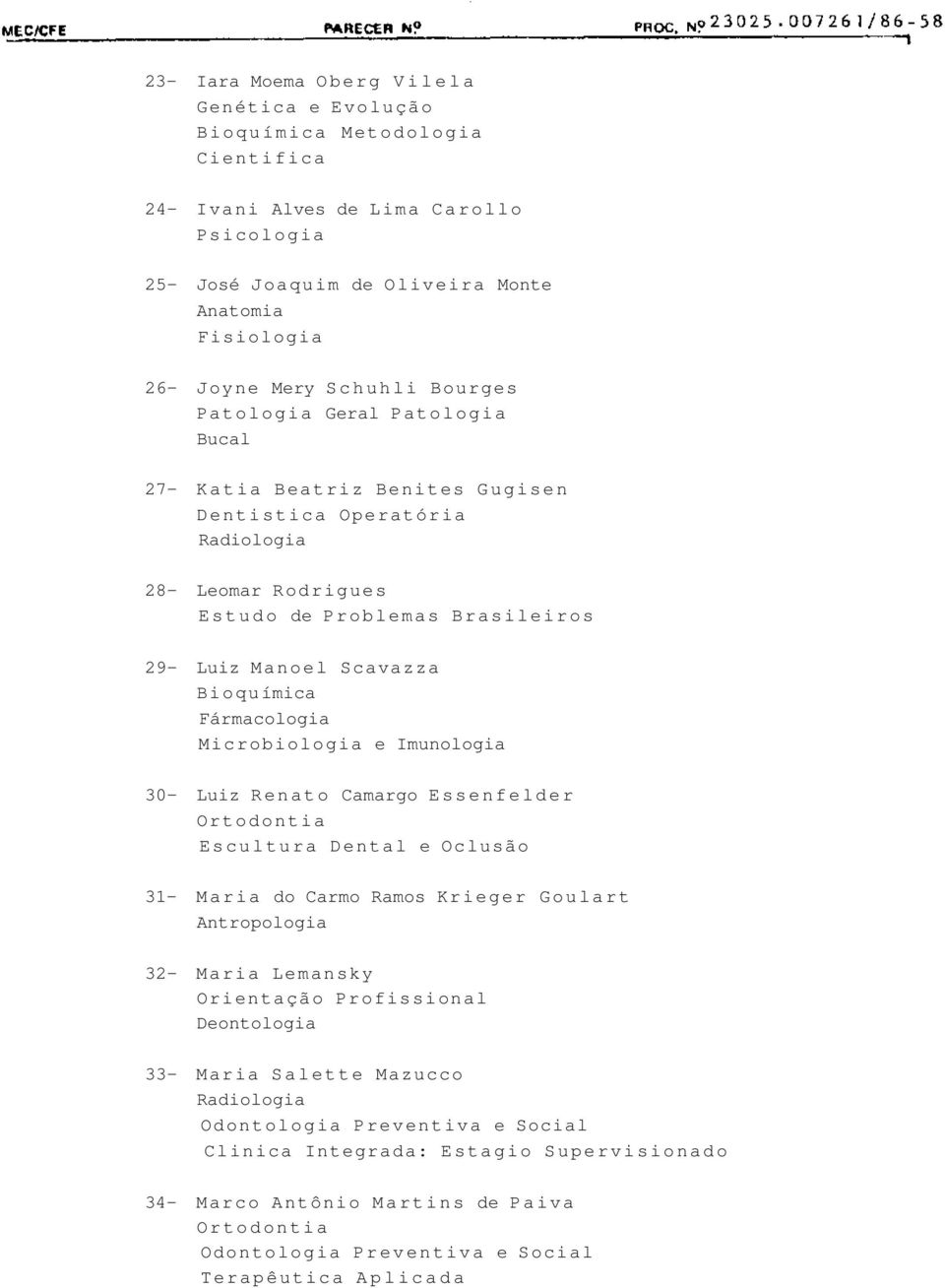 Bioquímica Fármacologia Microbiologia e Imunologia 30- Luiz Renato Camargo E s s e n f e l d e r Ortodontia Escultura Dental e Oclusão 31- Maria do Carmo Ramos Krieger Goulart Antropologia 32- Maria