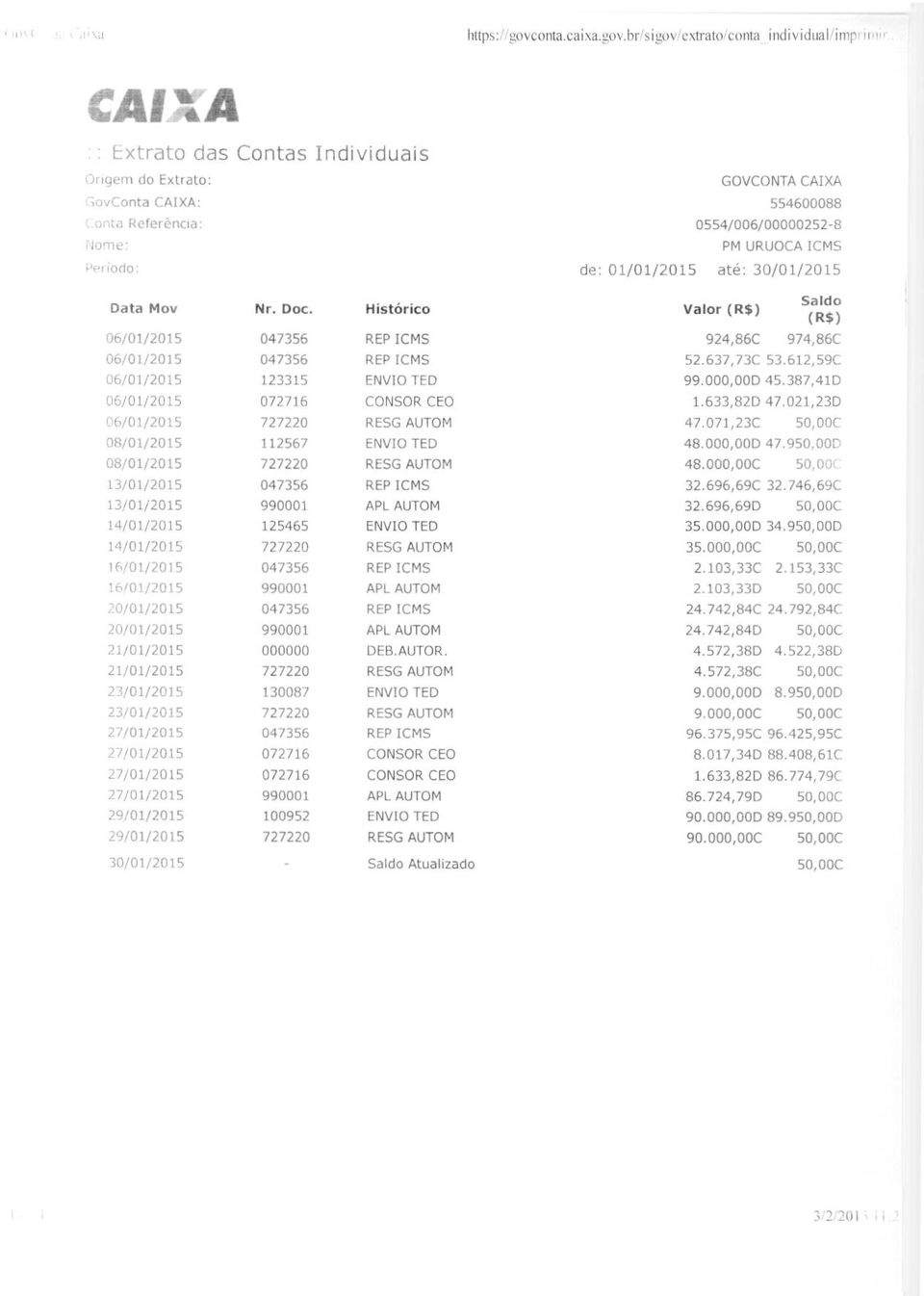 Historic Valor (R$) Saldo (R$) 06/01/2015 047356 REP ICMS 924,86C 974,86C 06/01/2015 047356 REP ICMS 52.637,73C 53.612,59C 06/01/2015 123315 ENVIO TED 99.000,00D 45.