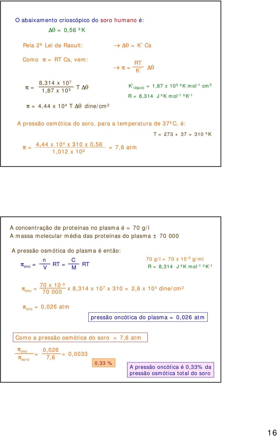 concentração de proteínas no plasma é = 70 g/l A massa molecular média das proteínas do plasma ± 70 000 A pressão osmótica do plasma é então: n C π onc = RT = RT V M 70 g/l = 70 x 10-3 g/ml R = 8,314