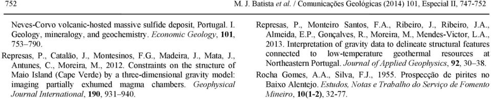 Constraints on the structure of Maio Island (Cape Verde) by a three-dimensional gravity model: imaging partially exhumed magma chambers. Geophysical Journal International, 190, 931 940. Represas, P.