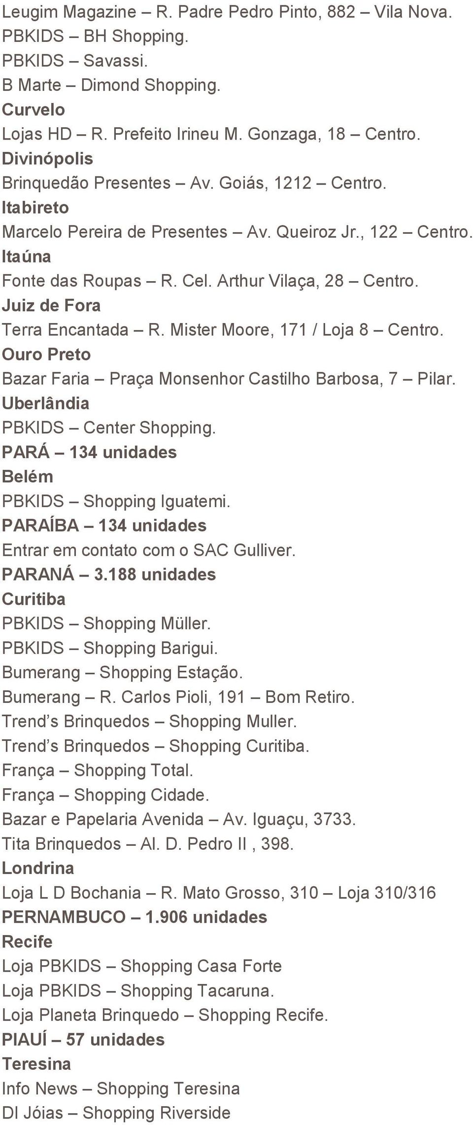 Juiz de Fora Terra Encantada R. Mister Moore, 171 / Loja 8 Centro. Ouro Preto Bazar Faria Praça Monsenhor Castilho Barbosa, 7 Pilar. Uberlândia PBKIDS Center Shopping.