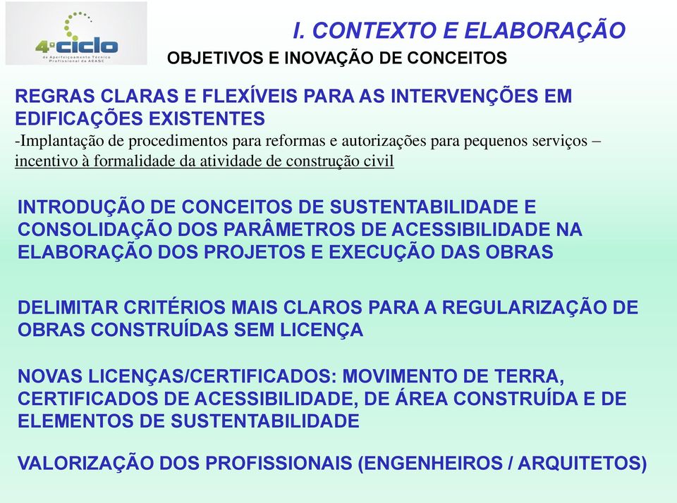 CONSOLIDAÇÃO DOS PARÂMETROS DE NA ELABORAÇÃO DOS PROJETOS E EXECUÇÃO DAS OBRAS DELIMITAR CRITÉRIOS MAIS CLAROS PARA A REGULARIZAÇÃO DE OBRAS CONSTRUÍDAS SEM LICENÇA